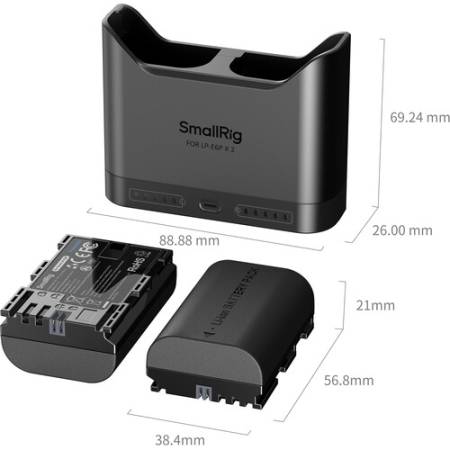 SmallRig 5485 - zestaw TURBO, dwukanałowa ładowarka, 2x akumulator Canon LP-E6P (USB-C PD 22.5W) - wymiary